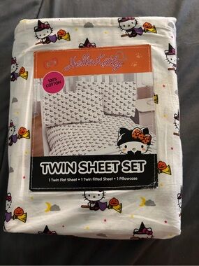 Sanrio Hello Kitty White Twin Sheet Set with Halloween Motif
